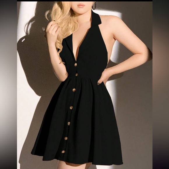 Black halter dress with collar and button detail - Picture 3 of 3